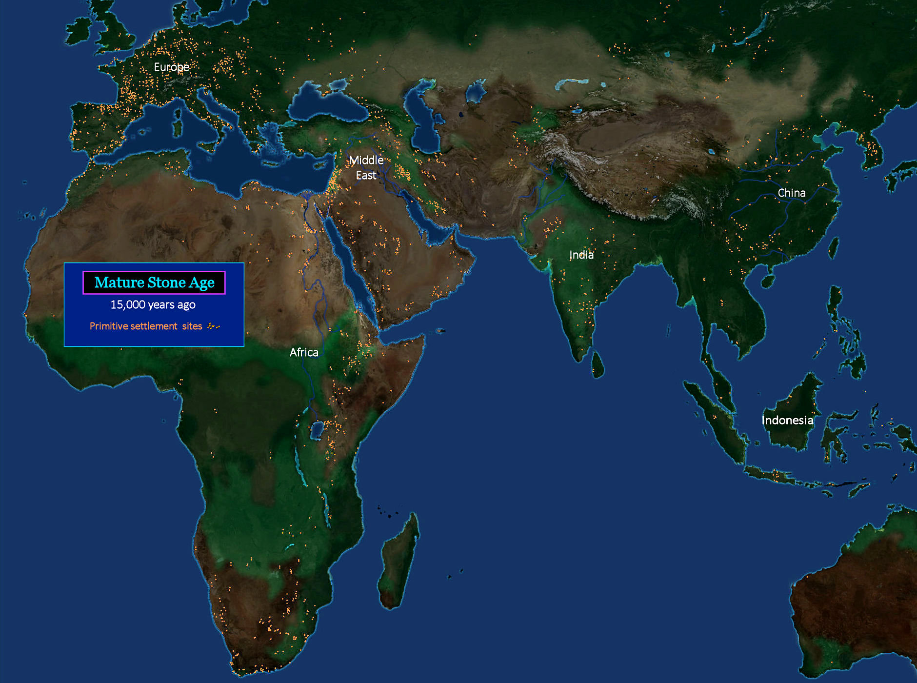 Early human settlements, 15,000 BC map